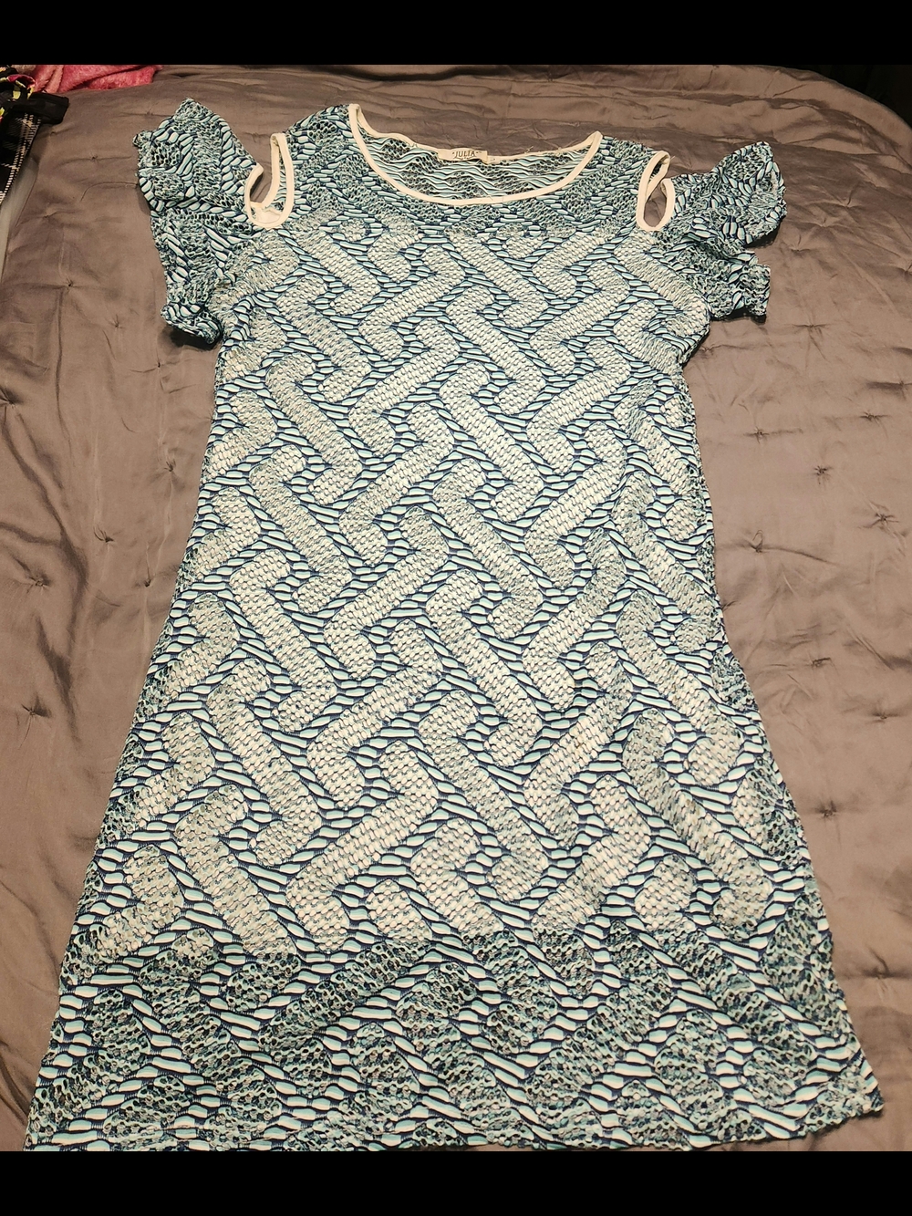 Blue Patterned Mini Dress with Puff Sleeve Detail